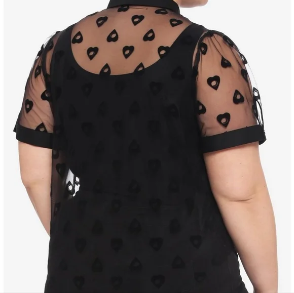 HOT TOPIC BLACK FLOCKED OUIJA PLANCHETTE SHEER GIRLS BUTTON UP PLUS SIZE - Picture 2 of 6